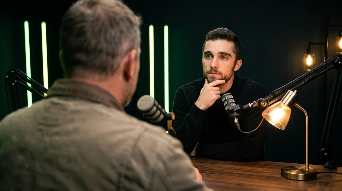 Host interviewing a guest over the shoulder